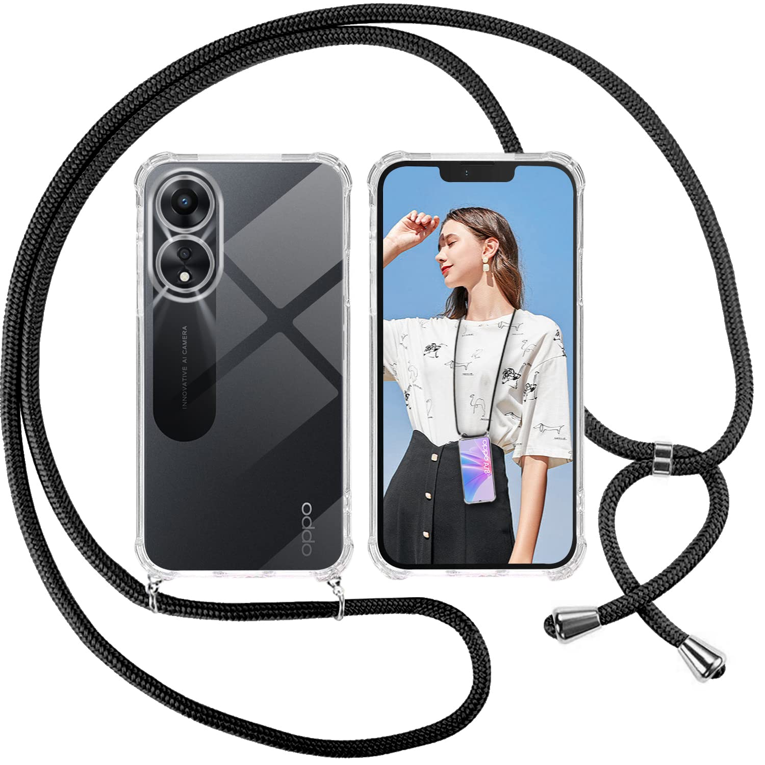 ISOI Case with Rope for OPPO A78 5G, Transparent TPU Soft Silicone Case with Adjustable Pendant Strap Necklace Neck Strap Chain Lanyard, Black