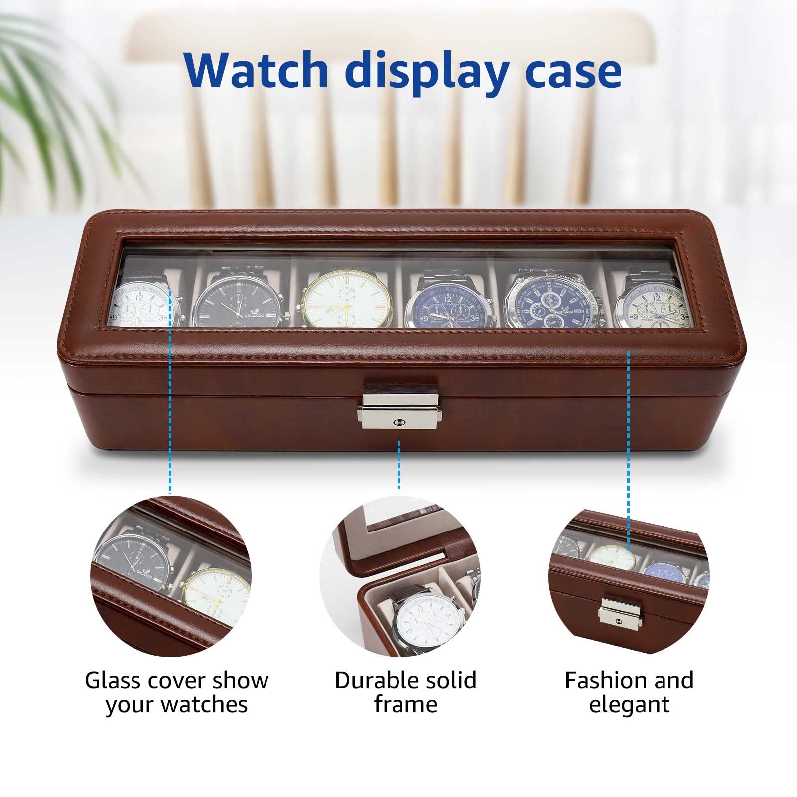 BareTulip Watch Box-Organizer for Men and Women Watch Case-Holder 6 Slot Watch Box Pu Leather Watch Display with Glass Window and Lock Brown
