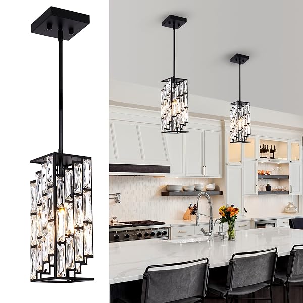 BESYTAL CRYSTAL PENDANT LIGHTS KITCHEN ISLAND 2 PACK, MODERN BLACK CHANDELIER HEIGHT ADJUSTABLE, HANGING LIGHTS FOR KITCHEN ISLAND DINING ROOM BEDROOM