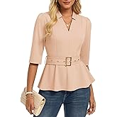 GRACE KARIN 2026 Women Dressy Tops, V Neck Half Sleeve Business Casual Blouses, Spring Fashion Peplum Work Shirts with Belt