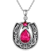 Lvoryance Western Style Lucky Horseshoe with Gemstone Necklace 925 Sterling Silver Retro Filigree Horseshoe Birthstone Pendant with 18+2 Inch Chain for Women