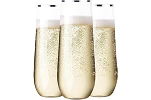 SUT 36 PCS Stemless Plastic Champagne Flutes, 9 Oz Silver Rim Clear Plastic Toasting Glasses Shatterproof Cocktail Cups Mimosa Cups Stemless Glass Plastic Glasses Disposable for Wedding Parties