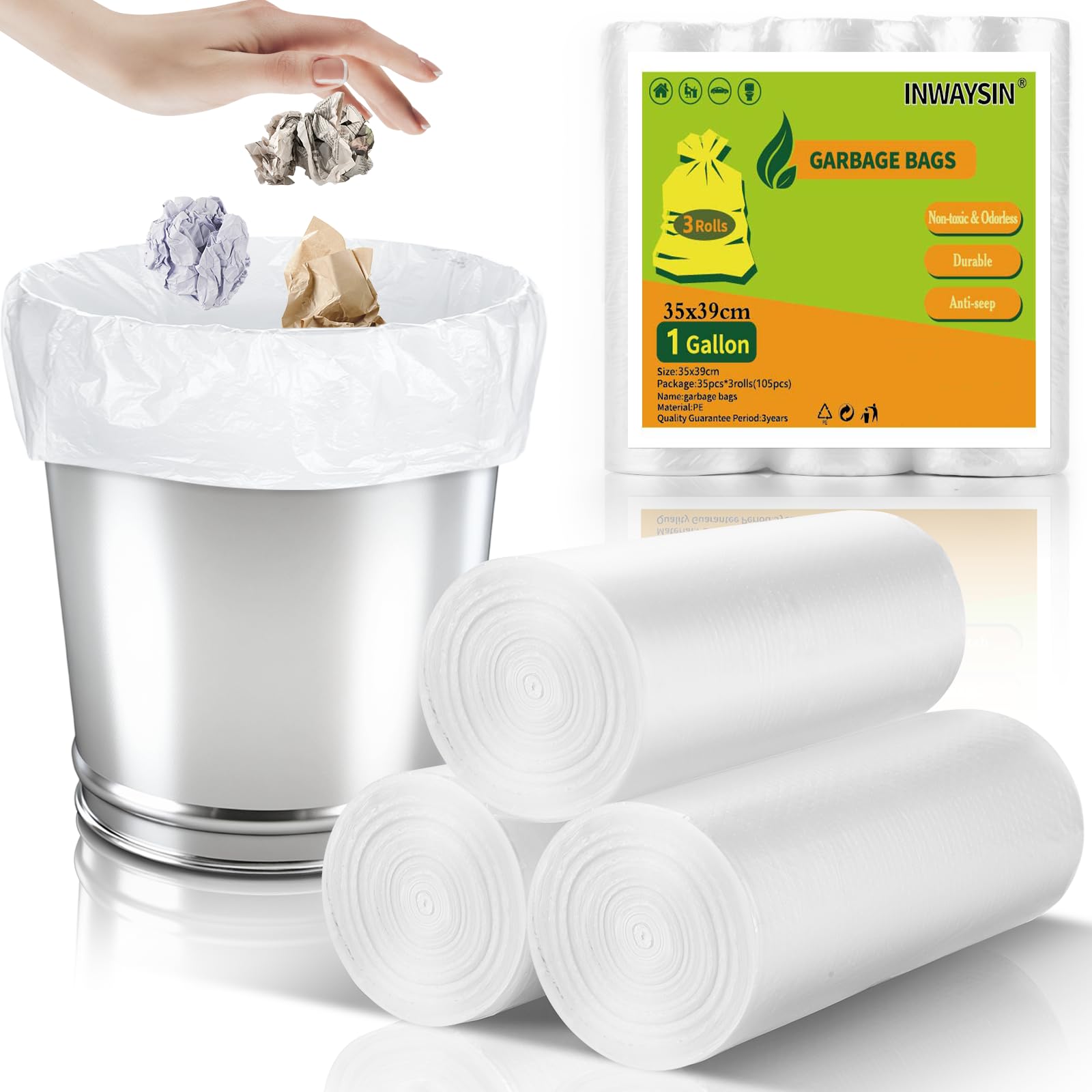 View 1 of 1 Gallon Small Trash Bags - 3 Rolls 105 Count Clear White 1 Gallon Garbage Bag Strong, Leakage-Free Unscented Thick Plastic Wastebasket Liners for Bathroom, Office, Kitchen Inwaysin