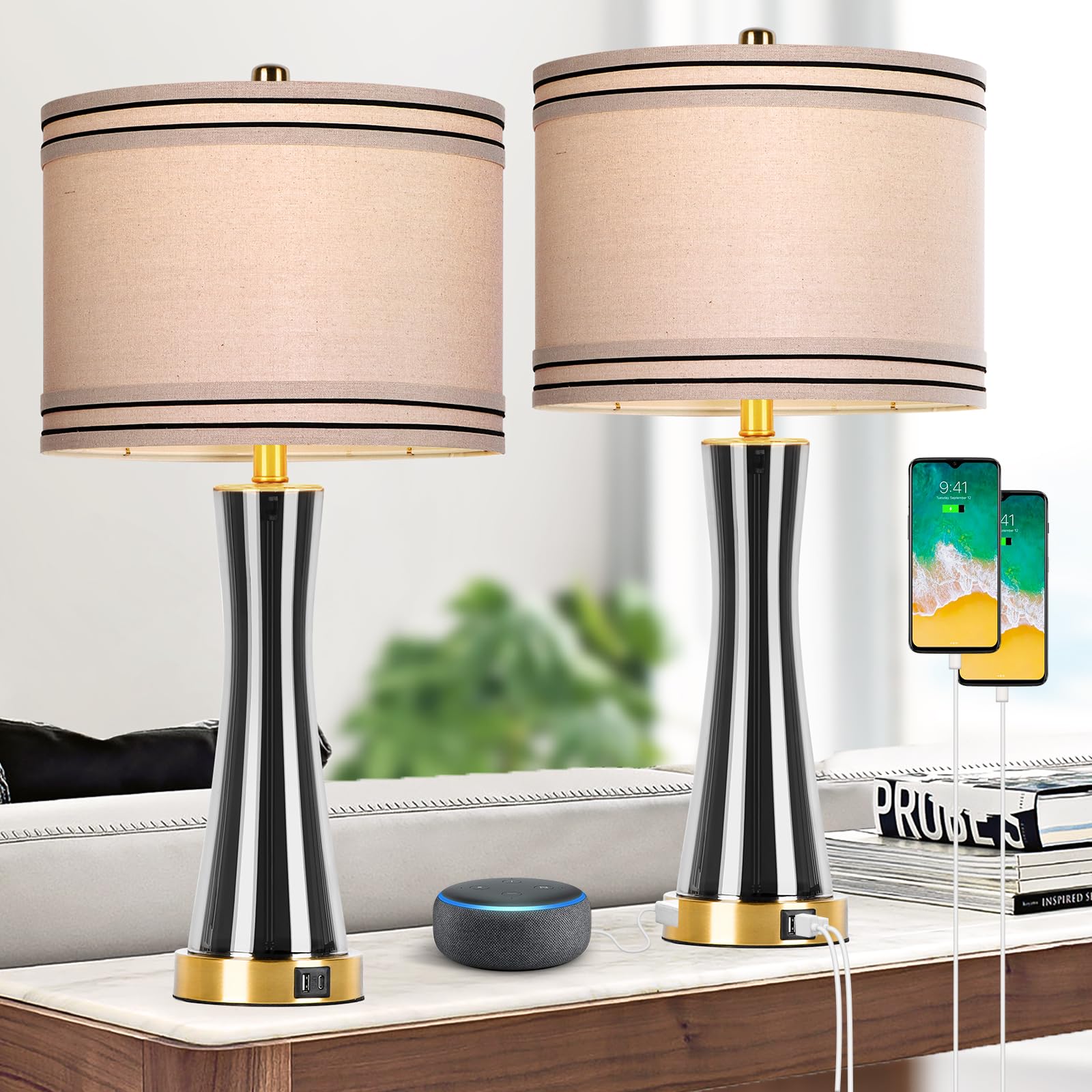 Photo 1 of 27.4''Table Lamps for Living Room Set of 2?3-Way Dimmable Modern Glass Bedside Lamps with USB Ports?Tall Lamps for Night Stands?Touch End Table Lamps for Bedroom Desk Lamps for Home Office?Grey?