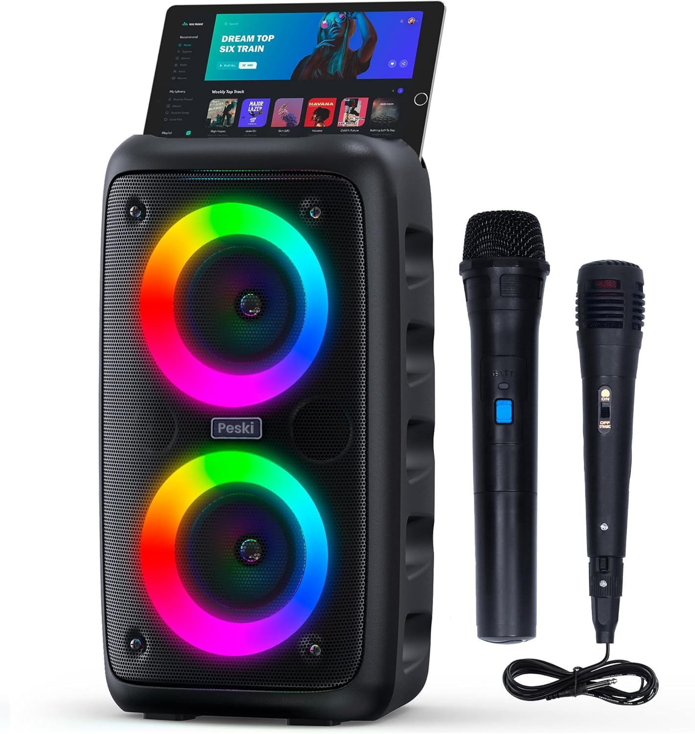 Photo 1 of (mic does not work) Karaoke Machine for Adults and Kids,Peski Portable Bluetooth Speaker with 1 Wireless Microphone and 1 Wired Mic,Rechargeable 