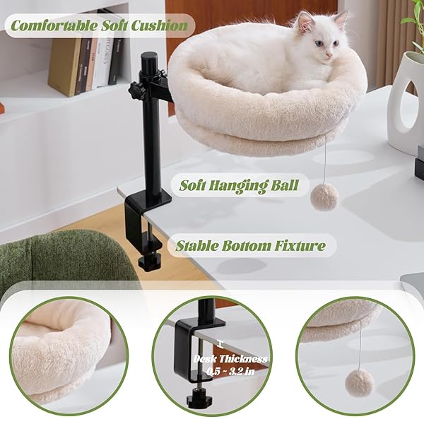 BYBYME CAT DESK BED FOR INDOOR CATS, KITTY BED FOR DESK SUPPORTS 44 LBS, 360° ROTATION & ADJUSTABLE, SOFT CAT NEST DESKTOP WITH HANGING BALL FOR OFFICE DESKS HOME TABLES, 12″ IN DIAMETER（WHITE）