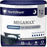 NorthShore MegaMax HBL Adult Diapers with Tabs, Black, Large, 10 Count | 12-Hour Incontinence Underwear for Men, Women &amp; Teens, Made in USA, Overnight Heavy Bladder Leaks, Fits Waists 42-54 inches