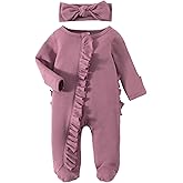 Ayalinggo Newborn Baby Romper Infant Girl One-piece Outfit Waffle Ruffle Zip Footie Spring Summer Clothes With Bow Headband