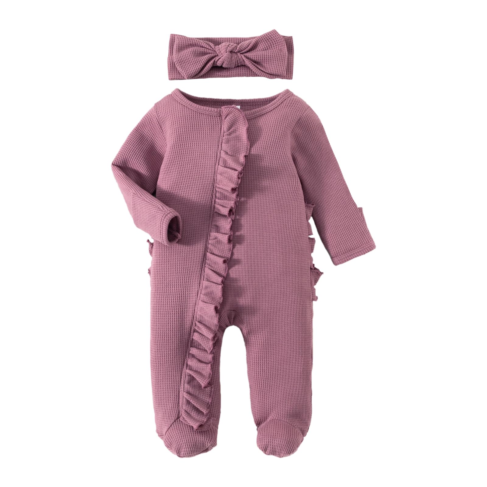 Photo 1 of Ayalinggo Newborn Baby Romper Infant Girl One-piece Outfit Waffle Ruffle Zip Footie Spring Summer Clothes With Bow Headband Purple 3-6 Months