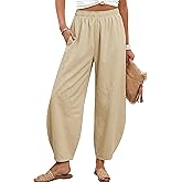 Tanming Womens Barrel Pants Mid Elastic Waisted Summer Capri Pants Loose Fit Casual Wide Leg Trousers