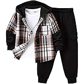 Fdqin 2Pcs Kids Boys Flannel Plaid Shirt Tops Pants Set Hoodie Sweatsuit for Fall Winter Spring Outfits 4-12 Years
