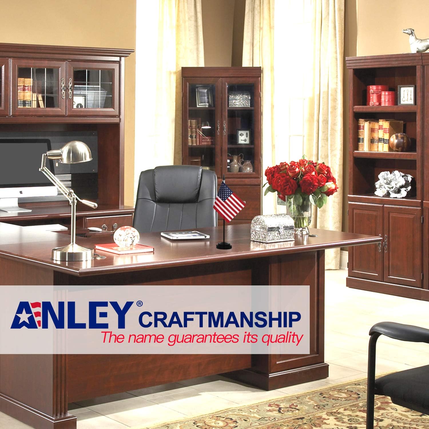 ANLEY USA Deluxe Desk Flag Set - 6 x 4 inch Miniature American US Desktop Flag with 12" Solid Pole - Vivid Color and Fade Resistant - Black Base and Spear Top : Office Products