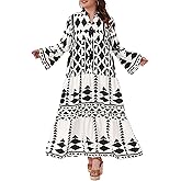 Agnes Orinda Plus Size Womens Button Long Flared Bell Sleeve Tiered Maxi Dress Flowy A Line Pattern Dress Casual Fall