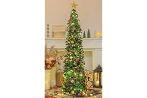 HMASYO 5 FT Pop Up Christmas Tree with Timer Lights, Green Christmas Tinsel Tree, Collapsible Artificial Pencil Christmas Tree for Indoor Home Apartment Porch Holiday Party Decorations