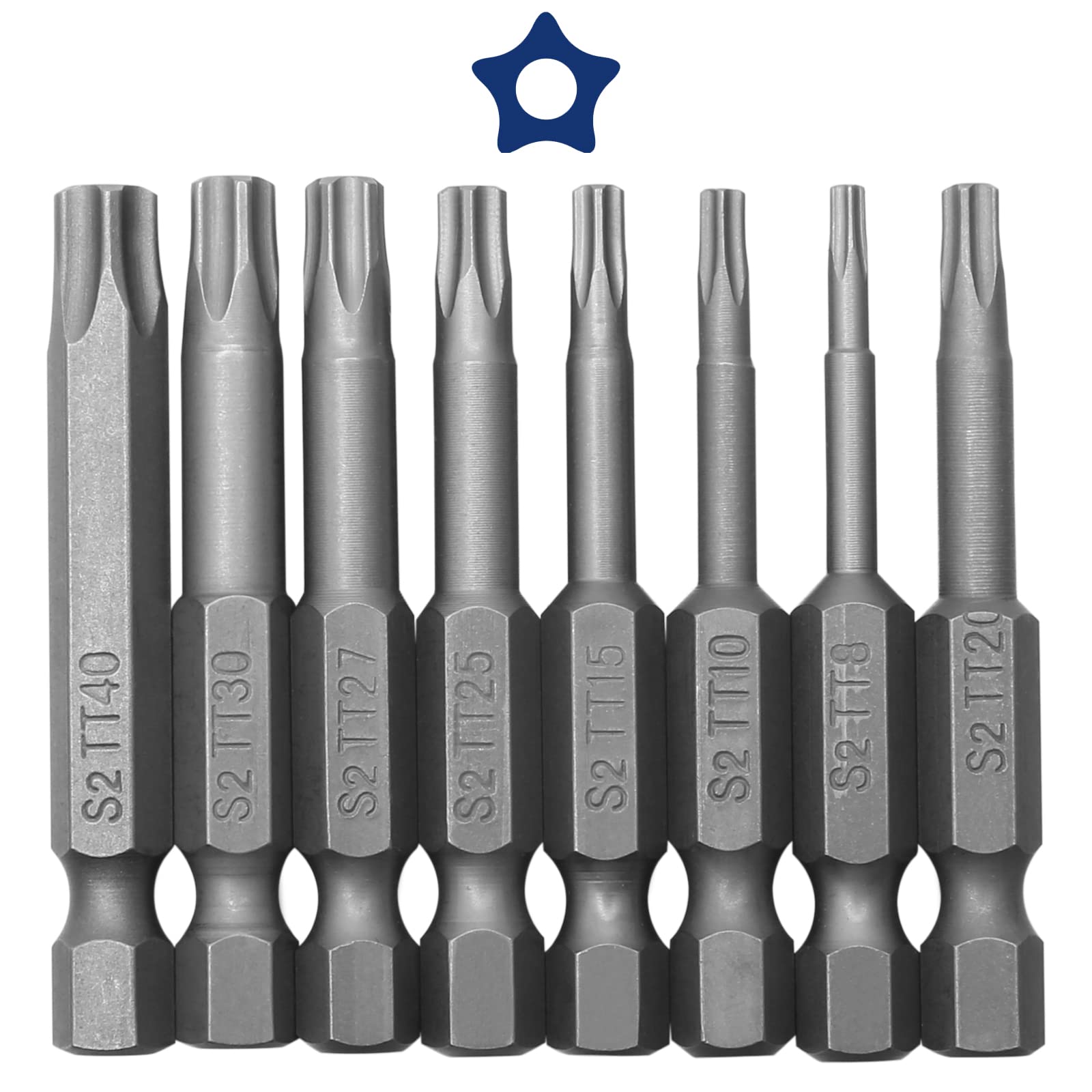 8 Pieces 5 Point Torx Screwdriver Bits Set, Magnetic Torx Security Head 1/4 Inch Driver Bit Set, T8 T10 T15 T20 T25 T27 T30 T40, S2