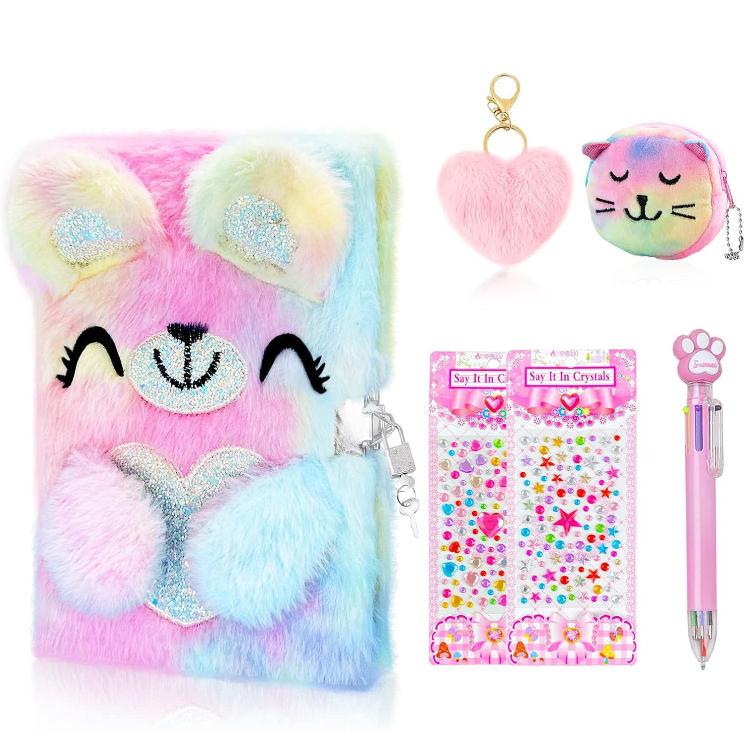 homicozy Diary for Girls with Lock and Keys, 7Pcs Fluffy Secret Notebooks for Writing and Drawing, 160 Pages A5 Journal with Pen, Stickers, Purse, Stationery Set Birthday Gifts for 5-12 Year