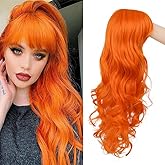 Dai Cloud Orange Wig with Bangs for Women Long Curly Wavy Heat Resistantant Silky Ginger Wigs Cosplay Halloween Daily Use (Orange)