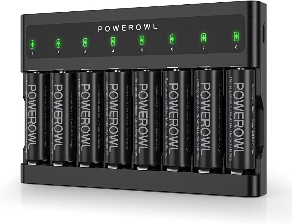 POWEROWL AA Rechargeable Batteries with Charger 8 Slots USB NiMH Kit