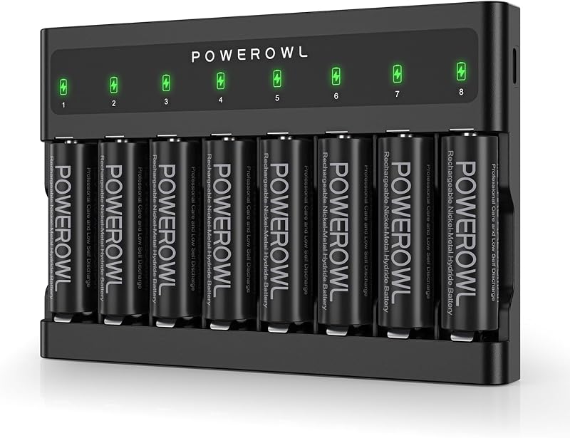 POWEROWL AA Rechargeable Batteries with Charger 8 Slots USB NiMH Kit
