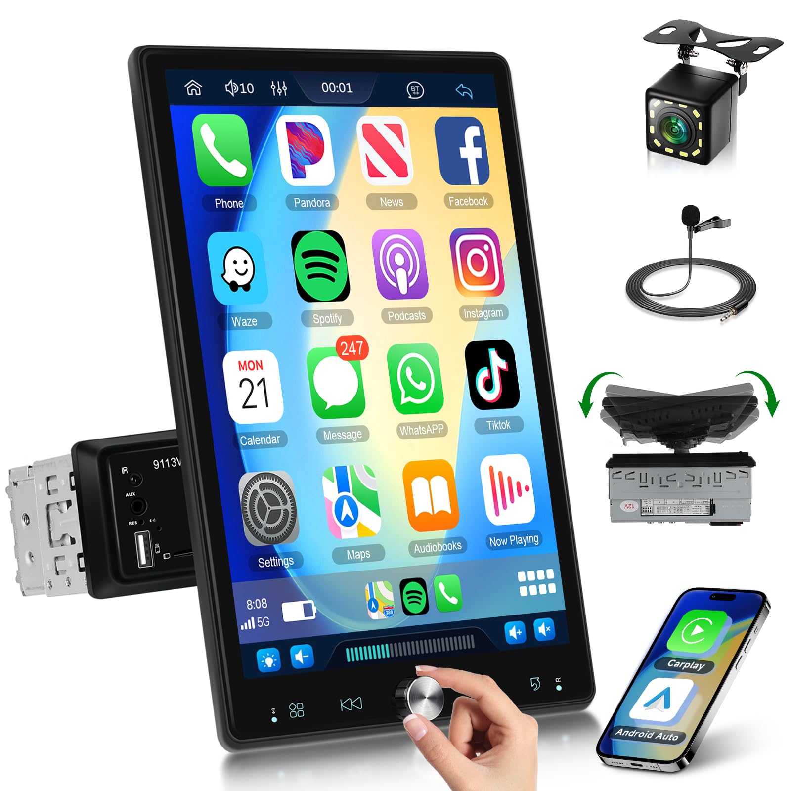 Photo 1 of 10.4 inch Single Din Car Stereo with Wireless Carplay Android Auto-2025 Upgraded 1080P IPS Detachable Touch Screen,5.2Bluetooth,12LED Backup Camera,FM Radio,USB/AUX,Mirror Link,SWC