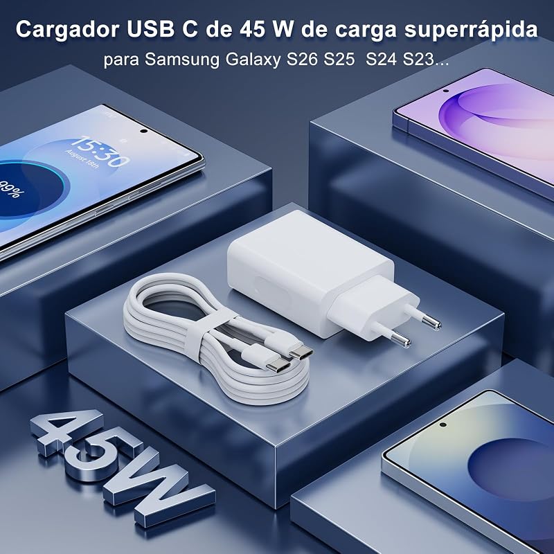 Carregador de Carregamento Rápido de 45W, Carregador Rápido USB C de 45W com Cabo Tipo C 2M para Samsung Galaxy S26/S25/S24/S23/S22/S21 Ultra — foto 2 de 6