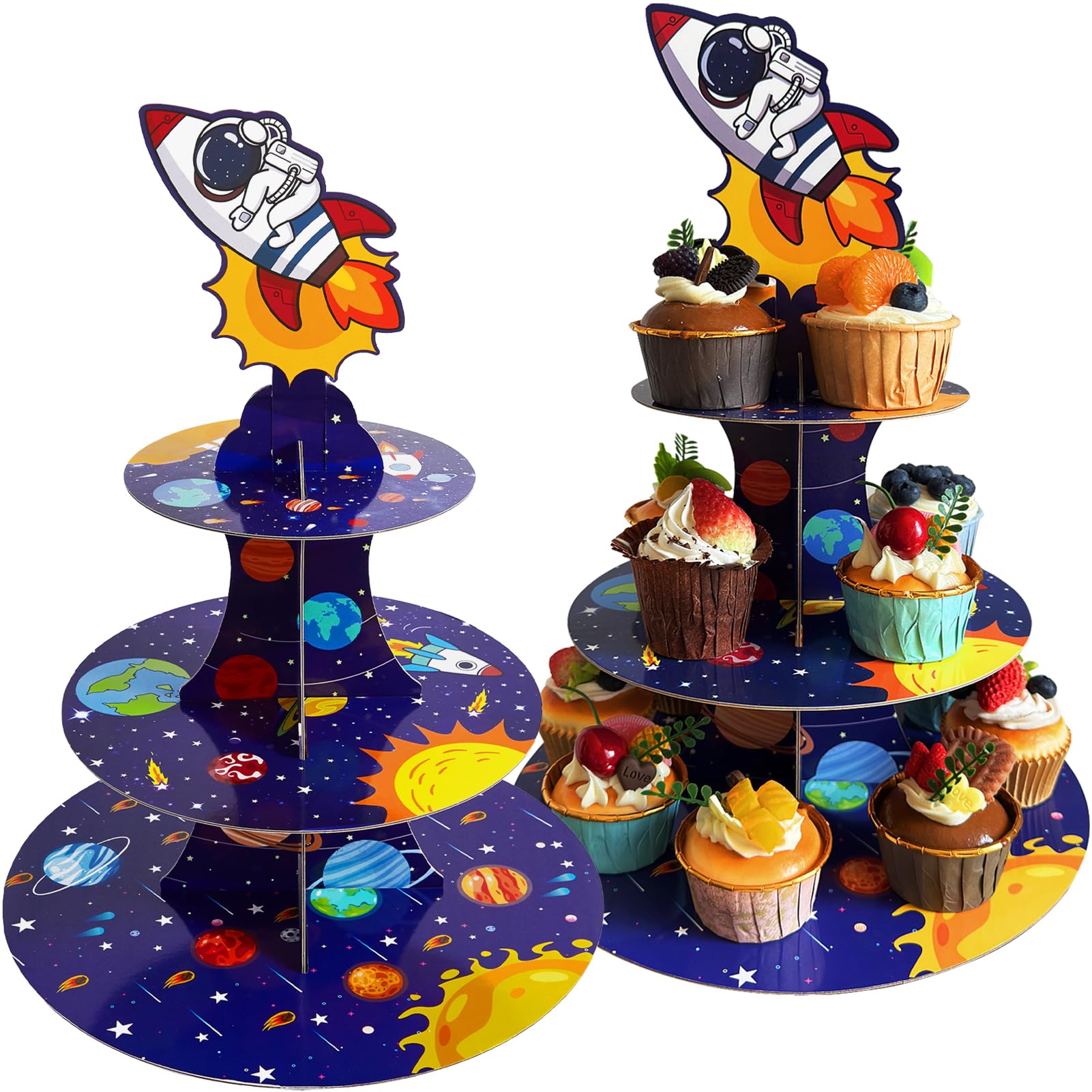Photo 1 of 2 Pcs Space Party Cupcake Stands 3 Tiers Outer Space Cupcake Holder Solar System Theme Birthday Party Supplies for Kids Baby Shower