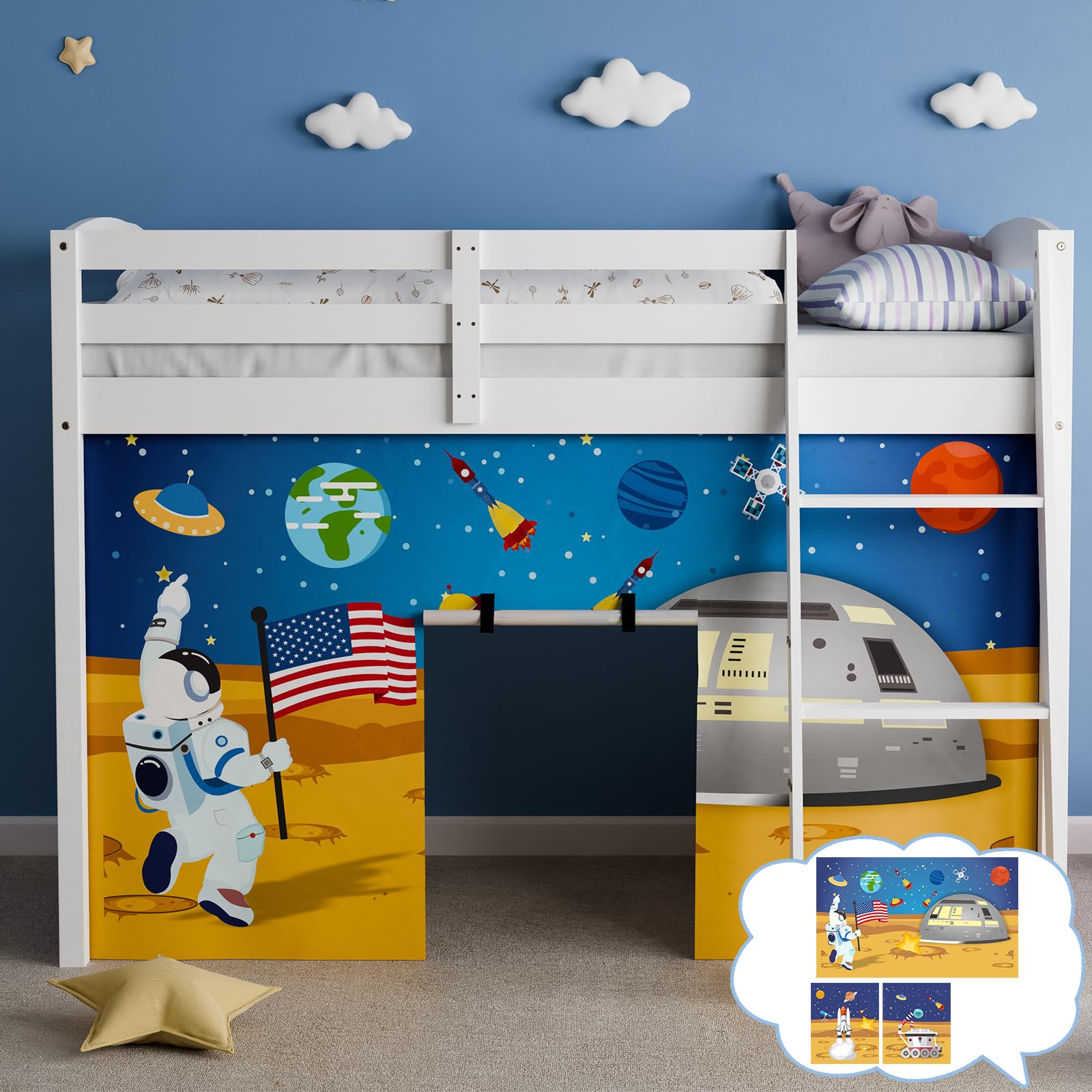 Photo 1 of YRDKB Astronaut Bunk Bed Curtains - 45H Premium and Customizable Cartoon Loft Bed Curtains for Children to Enhance The Imaginative Creation Bedroom Curtains(3PCS,Full)