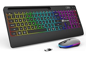 GEODMAER Wireless Keyboard and Mouse Combo with Phone Holder, Wrist Rest, Silent Rechargeable Backlit Full Size Ergonomic Keyboard and Mouse Wireless, Light Up Keyboard and Mouse for PC Mac