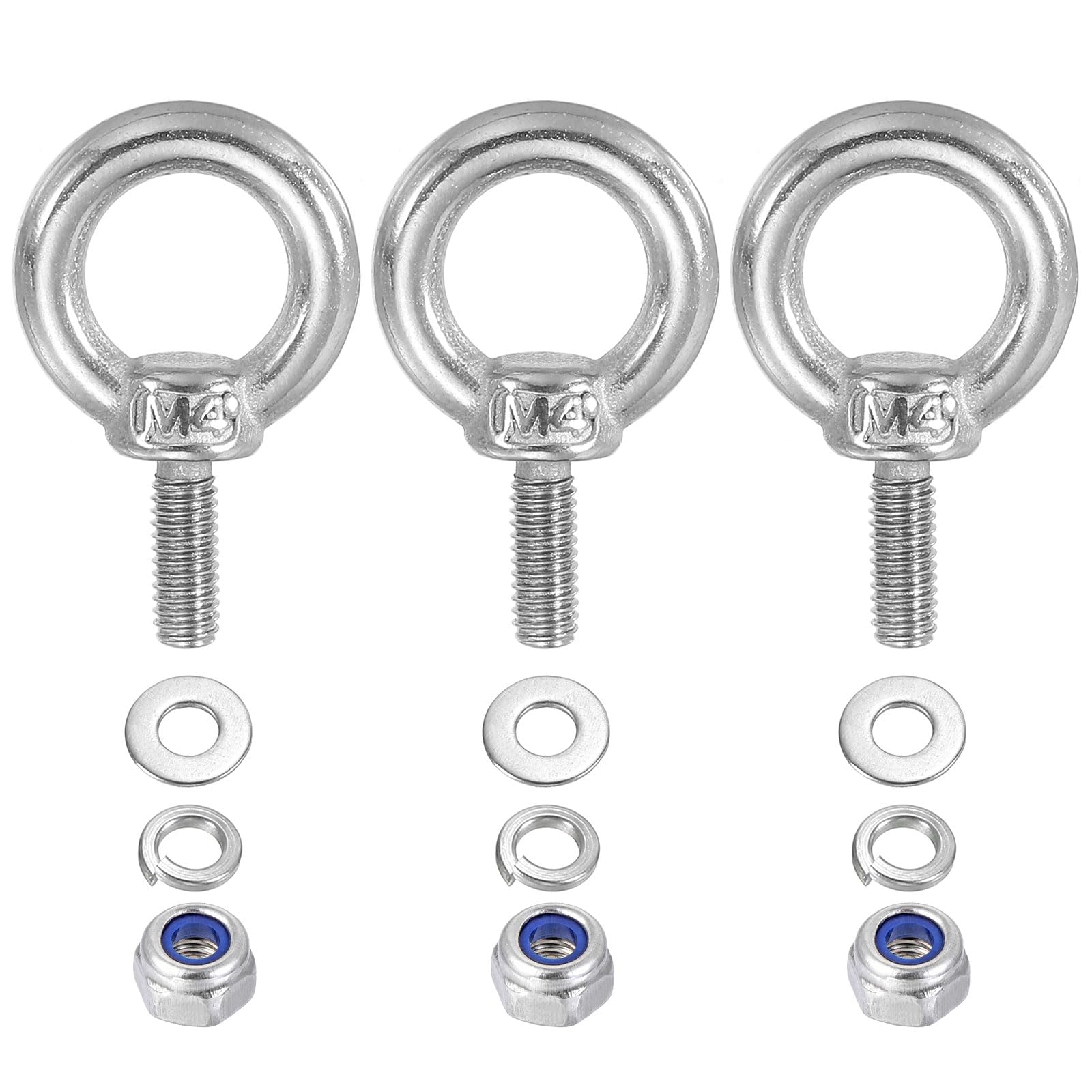PATIKIL M4 x 10mm Lifting Shoulder Eye Bolt, 3Pcs 304 Stainless Steel Lifting Ring Threaded Eyebolt with Nuts Washers for Hanging Hammocks Articles