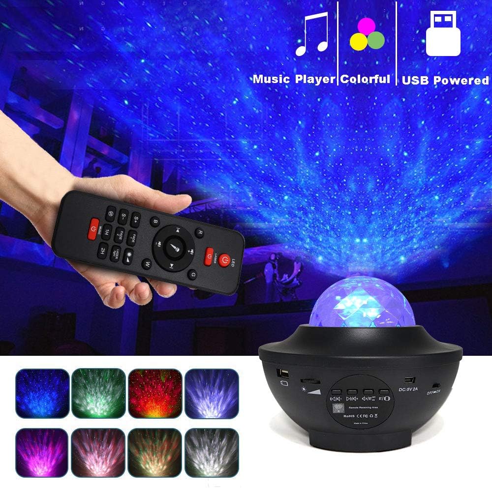 Texbee Star Projector Light with Bluetooth Speaker, Ocean Wave Star Night Light Projector for Kids Bedroom/Gam Room/Home Party, Remote Control/DC Powered by USB