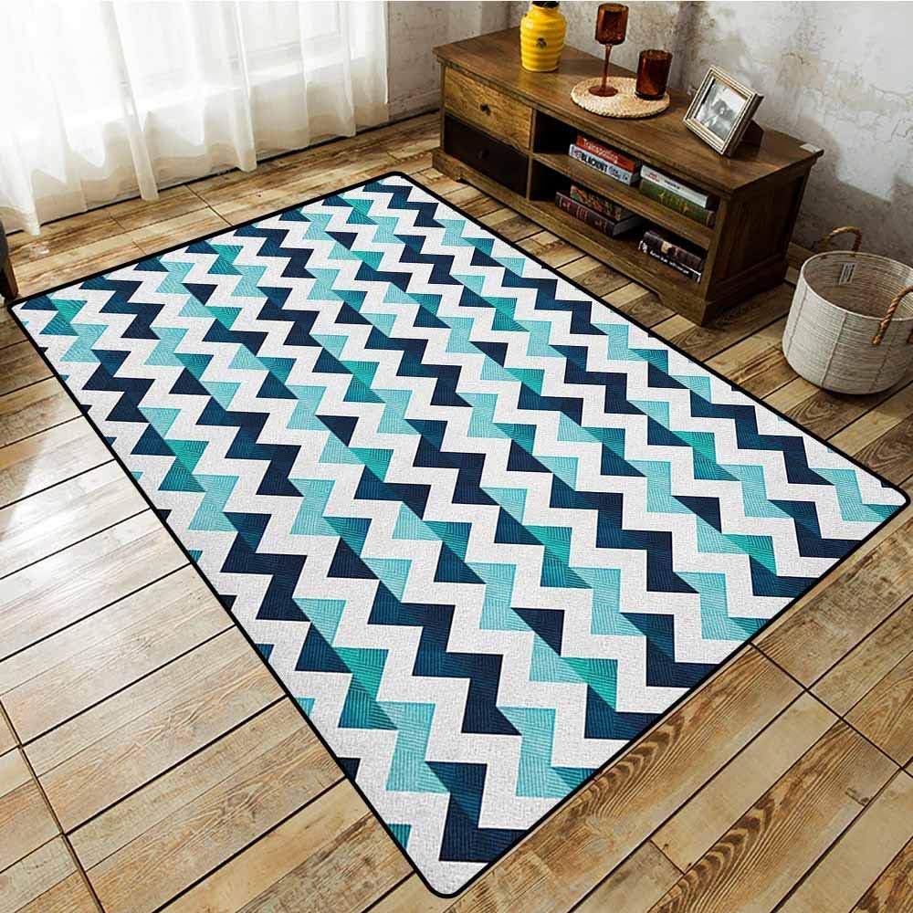 Living Room Area Rug，Blue and White，Horizontal Zigzag Borders with