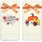 NEWLIGHTURE Fall Thanksgiving Hand Towels 100% Cotton Embroidered Pumpkin Decorative Bathroom Kitchen Dish Towels Set Gift Set of 2 14x29inch