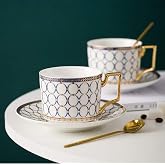 CwlwGO-European style cup and saucer set, 7 oz (about 198.4 grams) bone china exquisite glazed platinum tea cup and saucer (two sets), golden spoon, mug, cappuccino, latte, MOCHA, elegant female suit.