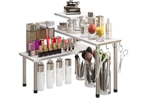 BMOSU Kitchen Corner Shelf Countertop Organizer with Hooks Adjustable Spice Rack Corner Display Rack Shelf Cabinet Corner Rack 3 Tier Storage Organization for Kitchen Bathroom Counter Shelves(White)