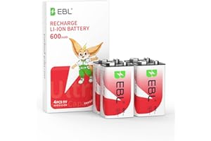 EBL Rechargeable 9V Batteries 9 Volt Li-ion 600mAh Lithium ion Batteries (4-Packs)