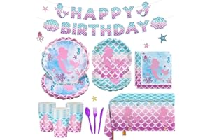 XIENBLOC 170pcs Mermaid Birthday Party Supplies Mermaid Party Decorations Includes Paper Plates Napkins Tablecloth Banner Cups Banner Forks for Baby Shower Ocean Birthday Party Decorations Serve 24