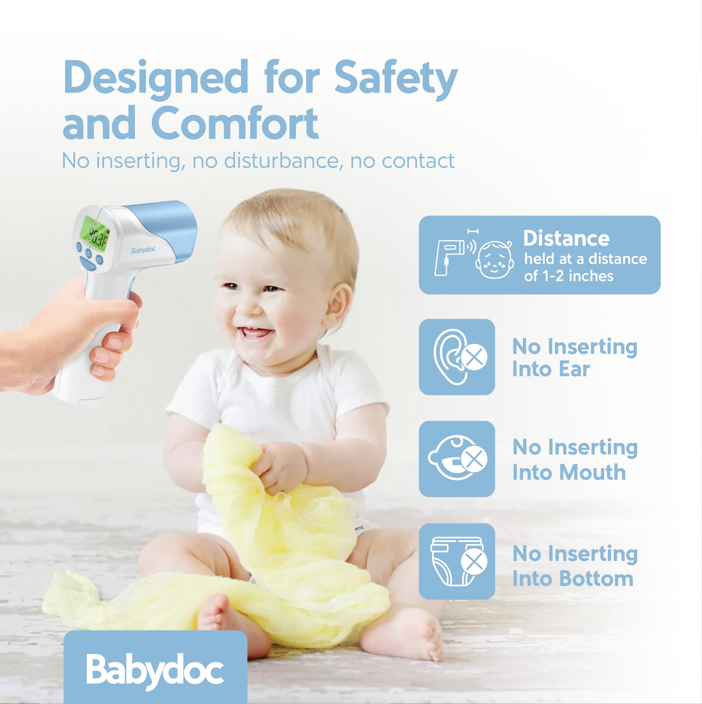 Babydoc Medical Grade FSA-HSA Eligible Baby Thermometer for Kids, AccuTemp German Sensor, 3-in-1 Safe Non-Contact Infrared Forehead Thermometer, Object Mode for Milk or Bathwater, Infants, Children