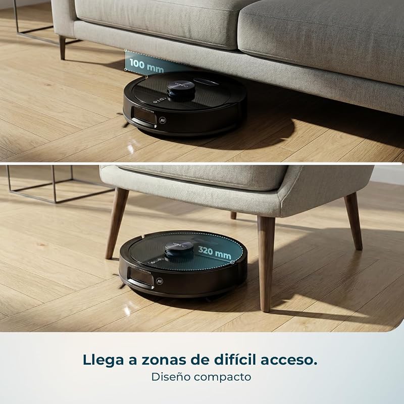 Robô aspirador e esfregão de chão com AI Conga M90 Dark. Navegação a laser, aspiração motora 25000Pa, autonomia 240 minutos, escova de silicone, para animais de estimação, Bluetooth e WiFi, controlo por aplicação