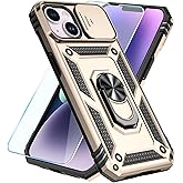 SunStory Compatible with iPhone 14 Plus Case with HD Screen Protector & Slide Camera Cover & Rotated Ring Kickstand, [Military-Grade] Phone Case for iPhone 14 Plus (Gold)