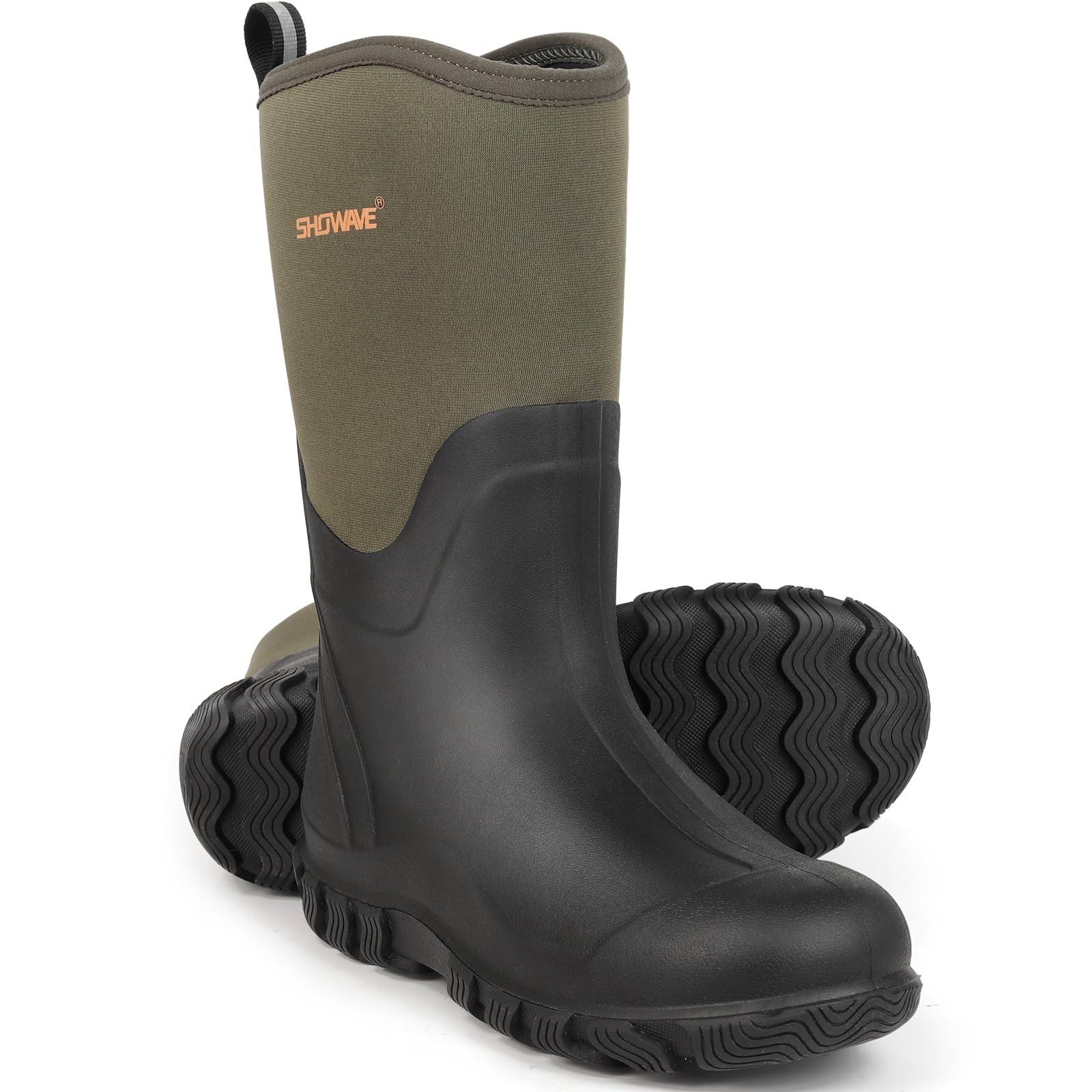 Photo 1 of Showave Classic Men's Rubber Boots Waterproof Rain Boots Insulated Neoprene Boot Mud Boot for Farming Hunting Gardening Yard Chore Working, Size 13,Olive