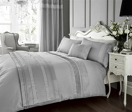 Luxury Faux Silk Silver Grey With Diamante Trim Double Duvet Sets