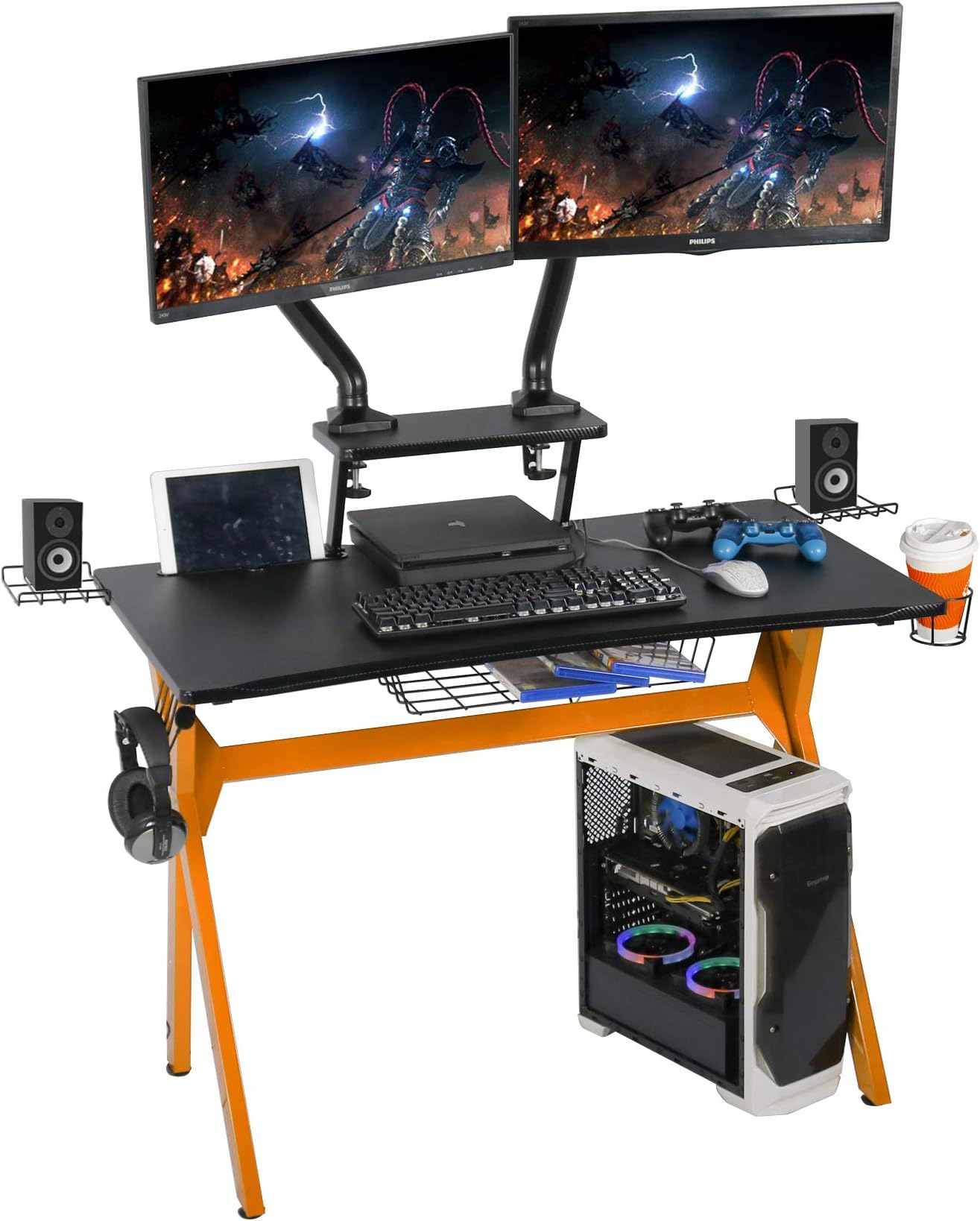 Gaming Desk Multi-Function Computer Gaming Table Racing Desk with Cup Holder and Headphone Hook for Home Office