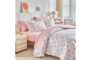 Bed in a Bag Parure de lit 7 pièces en coton avec franges à volants pour grand lit (1 couette, 2 couvre-oreillers, 1 drap pla