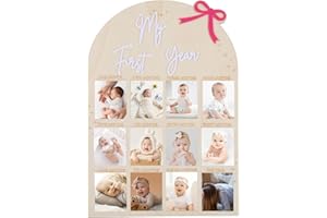 YUUCHORINGEE One Year Birthday Wooden Photo Board, My First Year Photo Frame Board Milestones, 12 Monthly Picture Frame Baby Wood Acrylic Sign 1st First Birthday Decorations for Girl Baby Keepsake Gifts(SyleD)