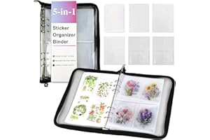 Eastvio 5-in-1 Sticker Organizer Book Reusable A5 Storage Binder with 220 Pockets,10 Release Papers, Zipper Album Sticker Collecting Display Keeper (Black)