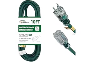 HONDERSON Indoor Outdoor Extension Cord Weatherproof with Lighted End, UL Listed, 16 Gauge 10FT Green 3 Prong Heavy Duty Extension Cord, 16/3 SJTW 13A Power Extension Cord for Outdoor Lights, Lawn