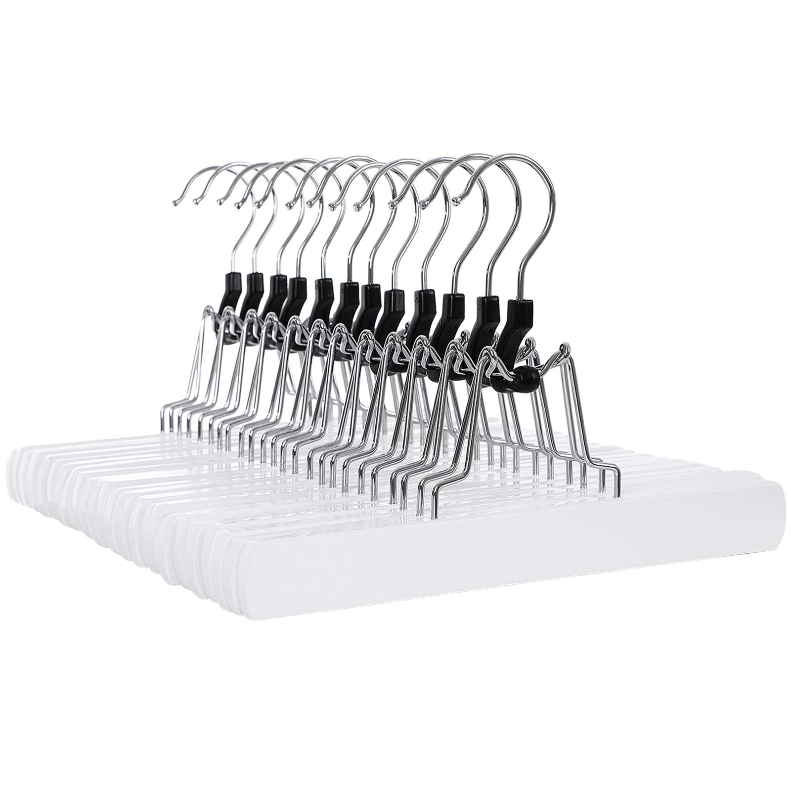 SONGMICS CRW07W-12 Pack of 12 Wooden Trouser Hangers Non-Slip Chrome Plated Hooks 360 Degree Rotating, White, 12 Item