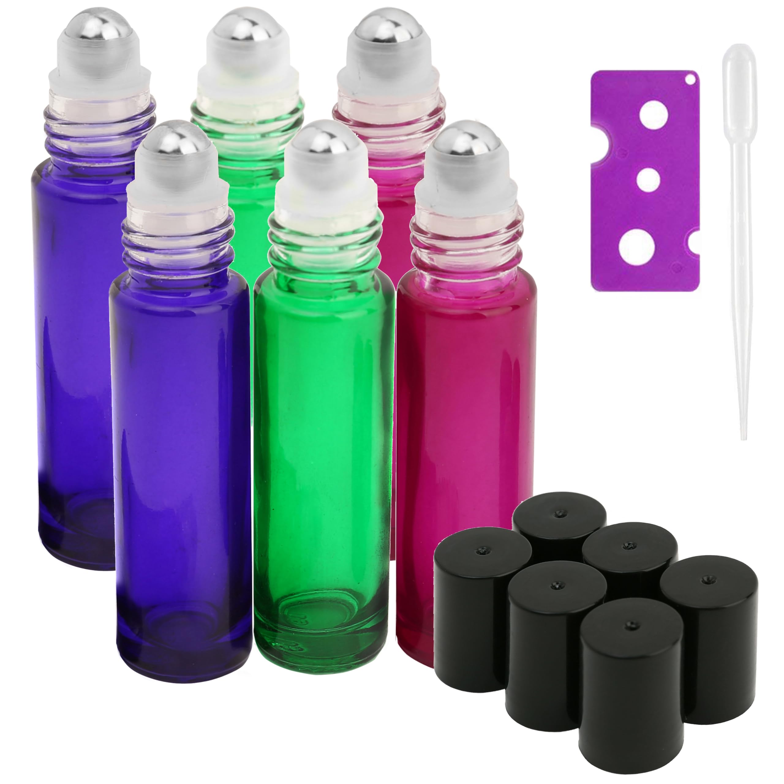 10ml Glass Roller on Bottles with Stainless Steel Roller Ball 6pcs- Refillable Essential Oil Roller Bottles with Lid Opener Pry Tool & 1 Transfer Pipettes, Great for Aromatherapy, by JamHooDirect