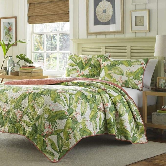 3 Piece Tropical Theme Green Quilt Set, All Season