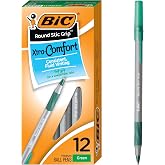 BIC Round Stic Grip Xtra-Comfort Medium Ball Point Pen, Green, 12-Pack | Lightweight Barrel Design, Ideal for Office Use, Polyester Material, Suitable for Kids, Teens, And Adults
